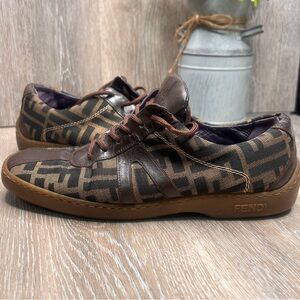 Fendi Zucca FF Logo Sneakers Brown Canvas & Leather Mens 9–9.5 EU 42–43 Designer